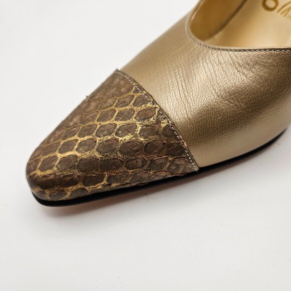 Salvatore Ferragamo Gold Leather Slingback Heels w/ Snakeskin Cap Toe – Size 8B - Picture 2 of 11